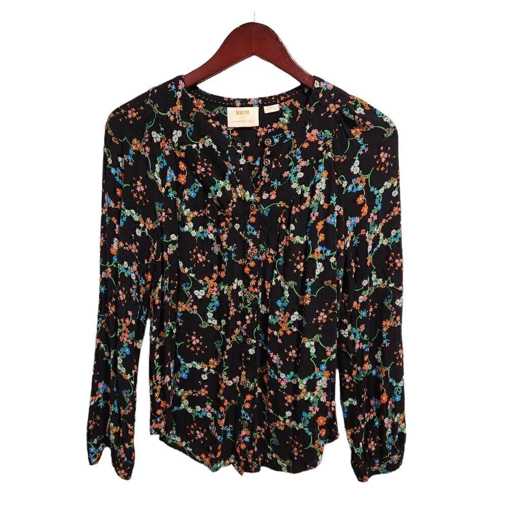 Anthropologie Maeve Avignon Floral Top Blouse Small Black Button - Picture 2 of 6